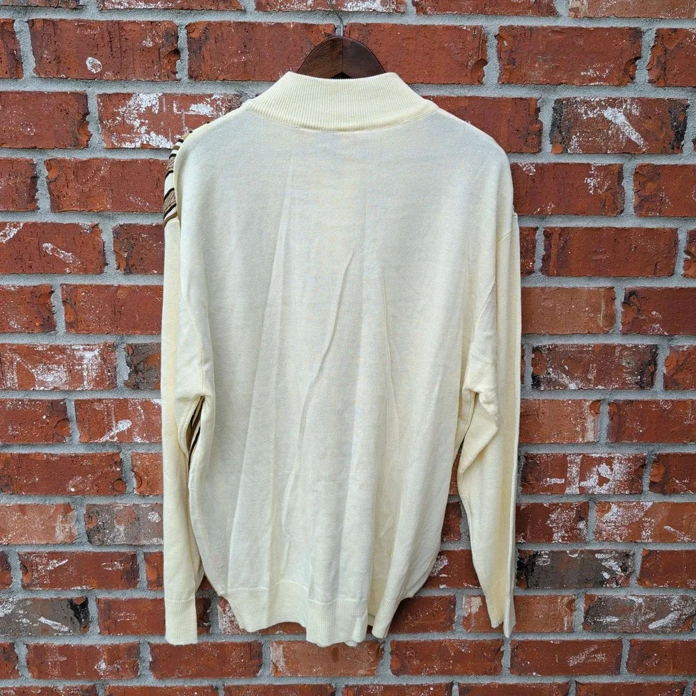 Saybury Quarter Zip Sweater Mens XL Cream Brown Striped Mock Neck Retro Knit